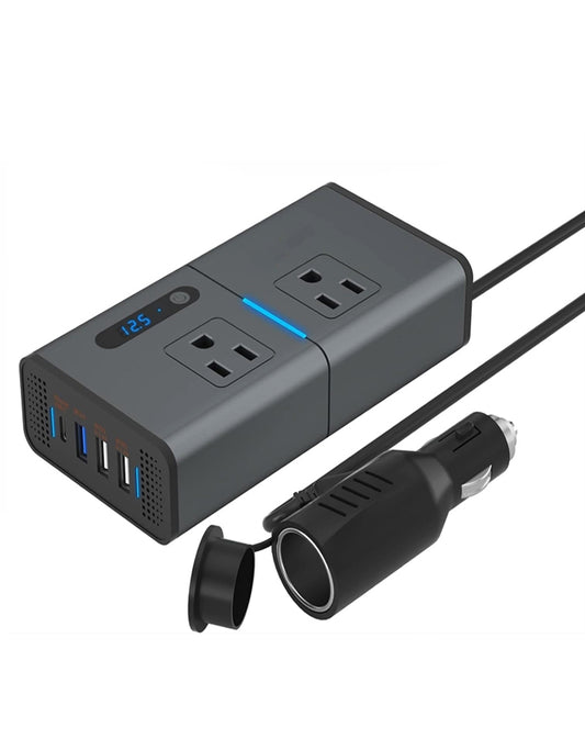 200W Digital Car Power Inverter DC 12V to 110V Car Inverter with 1.2A&2.4A USB, 1 QC3.0 USB and 1 Type C Ports black
