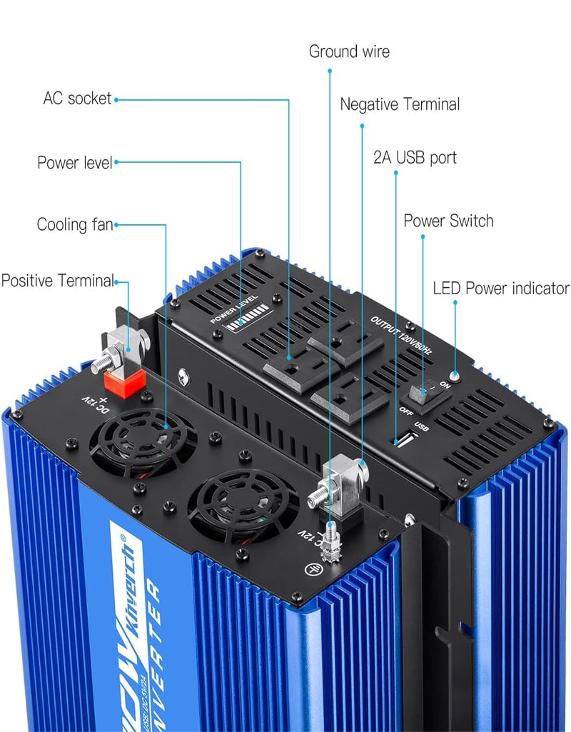 2000W Continuous/ 4000W Peak Power Inverter 3 AC Outlets 12V to 110V Car Converter