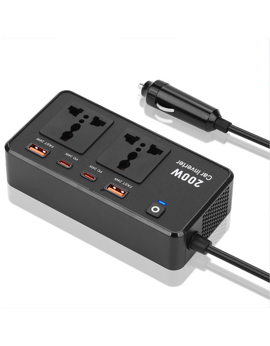 200W Car Power Inverter, DC 12V to 110V AC Car Plug Adapter