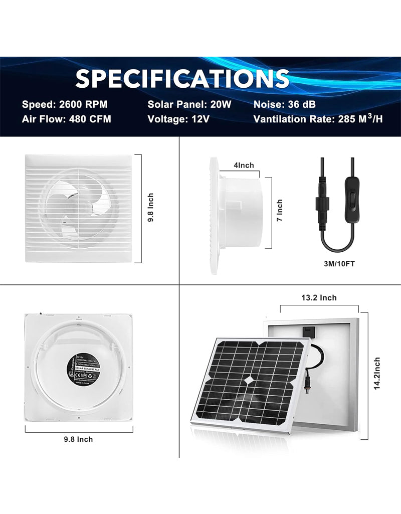 Solar Powered Exhaust Fan Pro, 20 W Solar Panel + 8 Inch High Speed Exhaust Fan