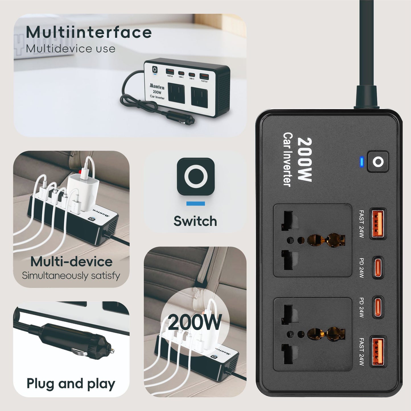 200W Car Power Inverter, DC 12V to 110V AC Car Plug Adapter