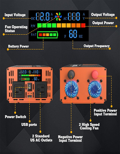 3000 Watt Power Inverter, Car/Outdoor 12V DC to 110V AC Converter, with LED Display