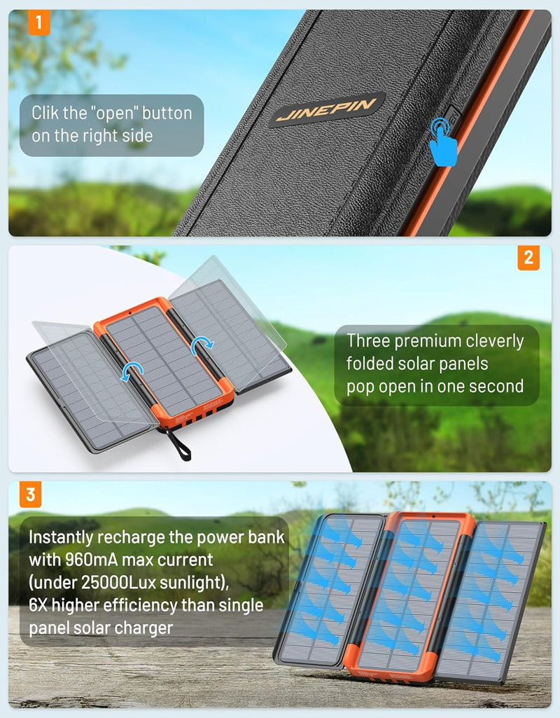 Power Bank Solar Charger 46800mAh Built in 4 Cables 3 Foldable Solar Panels